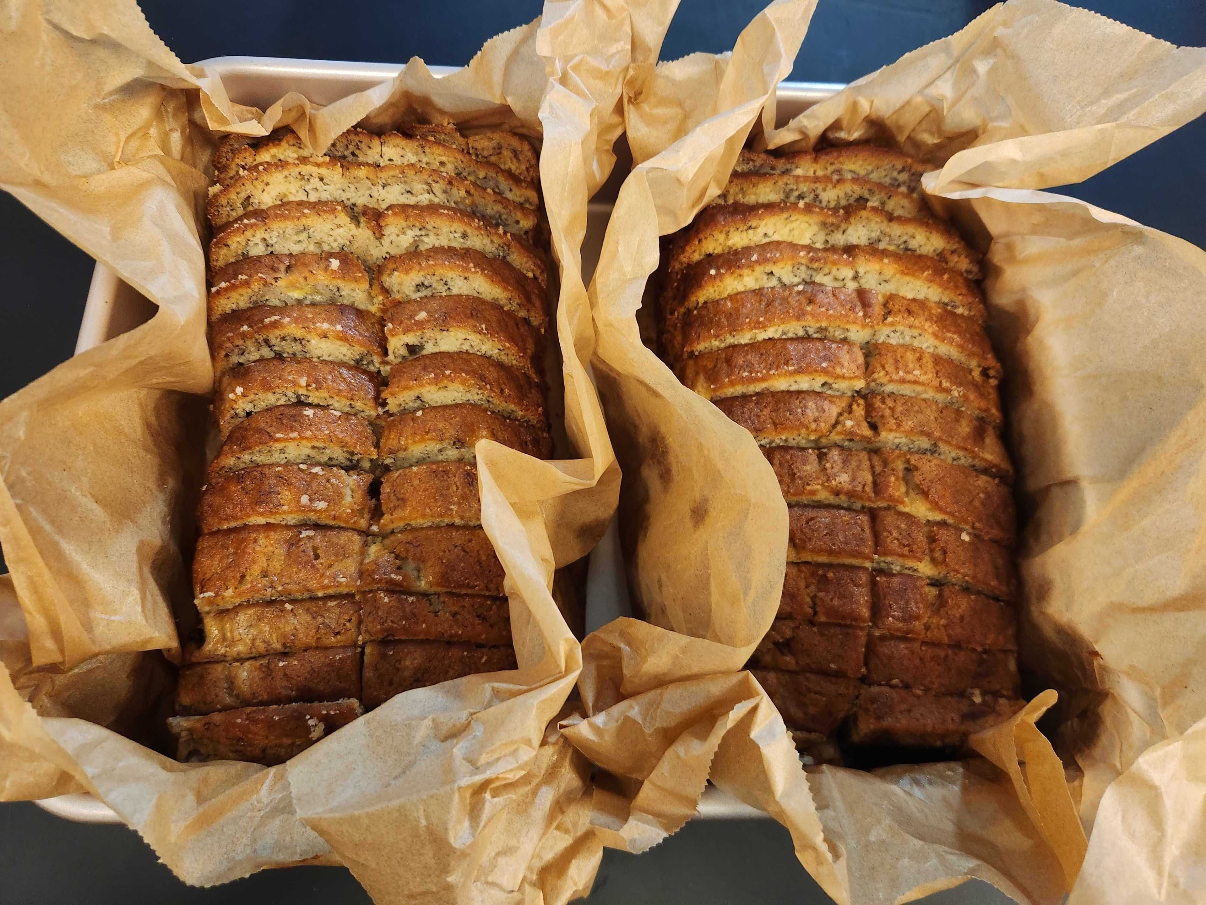 Two sliced loaves of banana bread